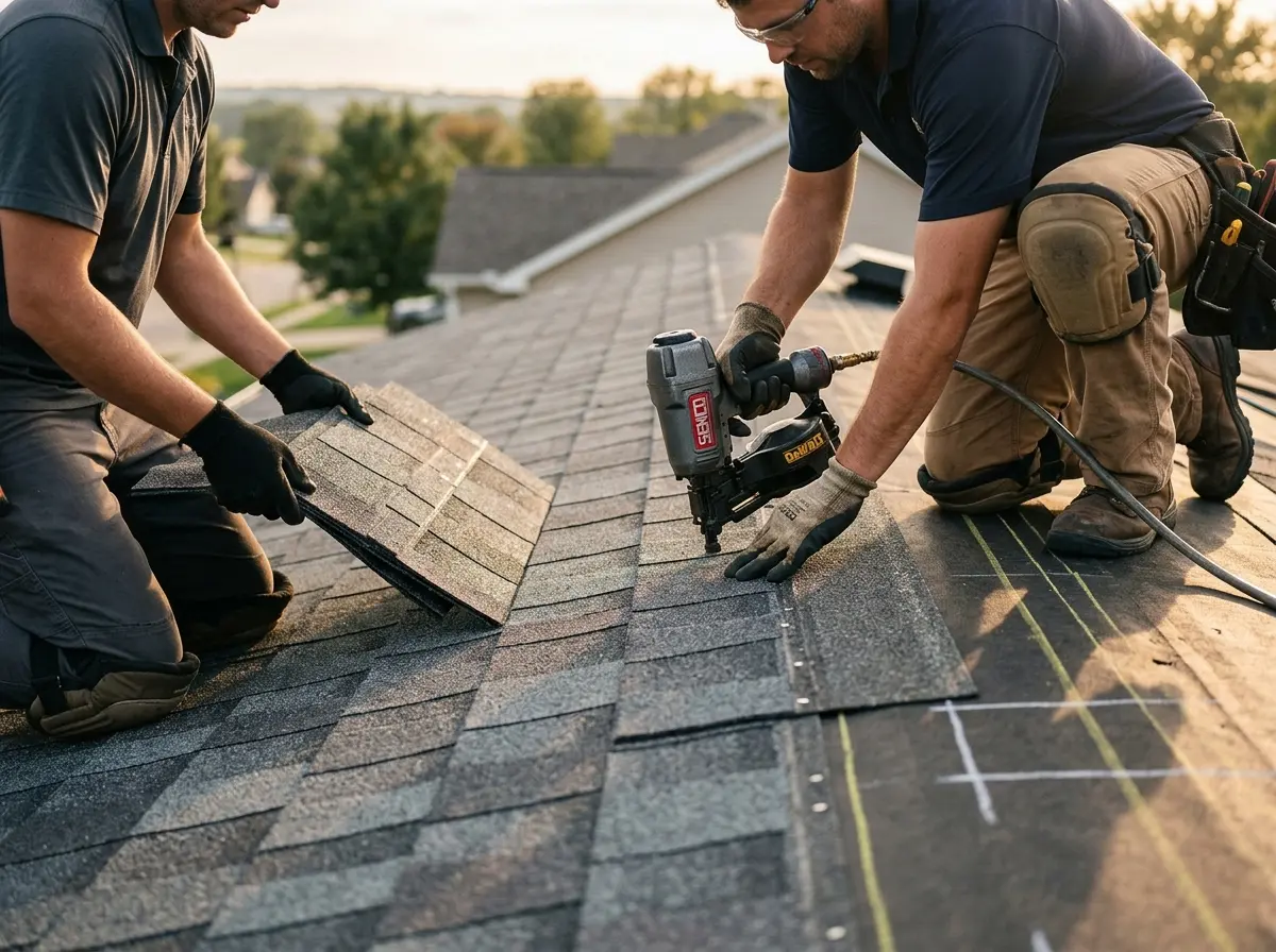 Professional roofer working on a residential roof in Lake Wisconsin